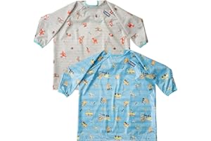 BIBaDO - 2 Pack Coverall Baby Feeding Bib, Easy to Clean Long Sleeve Bib, Baby Bibs for Eating, Adjustable High Chair Catch All, Sleeved Bib