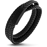 555Jewelry Stainless Steel Braided Double Wrap Leather Twist Rope Chain Cord Adjustable Magnetic Clasp Simple Men Women Unisex Fashion Jewelry Accessory Bangle Bracelet, Black & Black 8 Inch