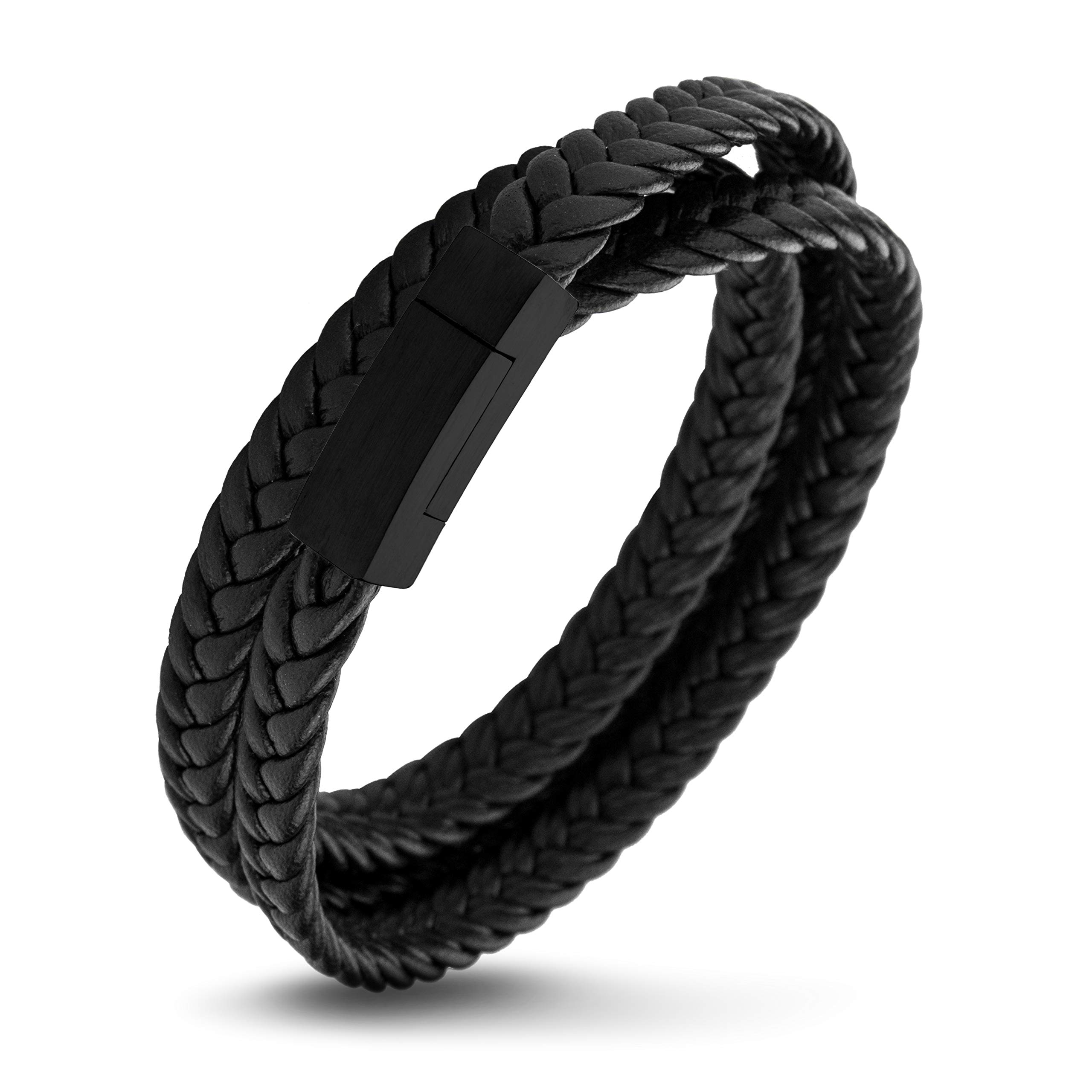 555Jewelry Stainless Steel Braided Double Wrap Leather Twist Rope Chain Cord Adjustable Magnetic Clasp Simple Men Women Unisex Fashion Jewelry Accessory Bangle Bracelet, Black & Black 9 Inch