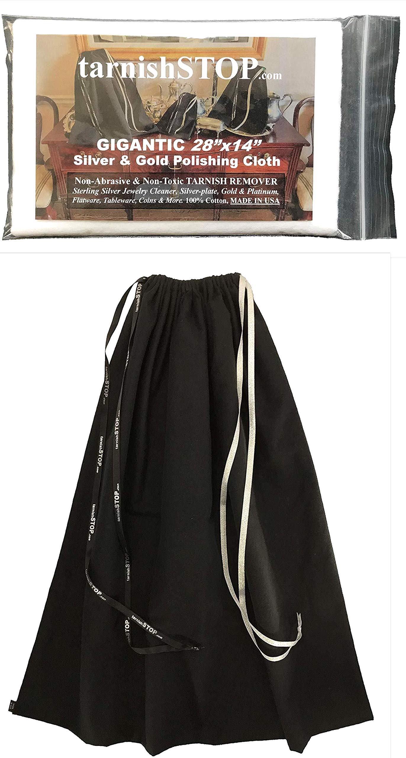 Save 5.00 Bundle, TarnishSTOP Set (28"x28") Luxury Anti-Tarnish Prevention Cloth Bag, For Silver Storage, Sterling, Jewelry, Flatware, Silverplate, With Our Silver Polishing Cloth For Tarnish Cleaning