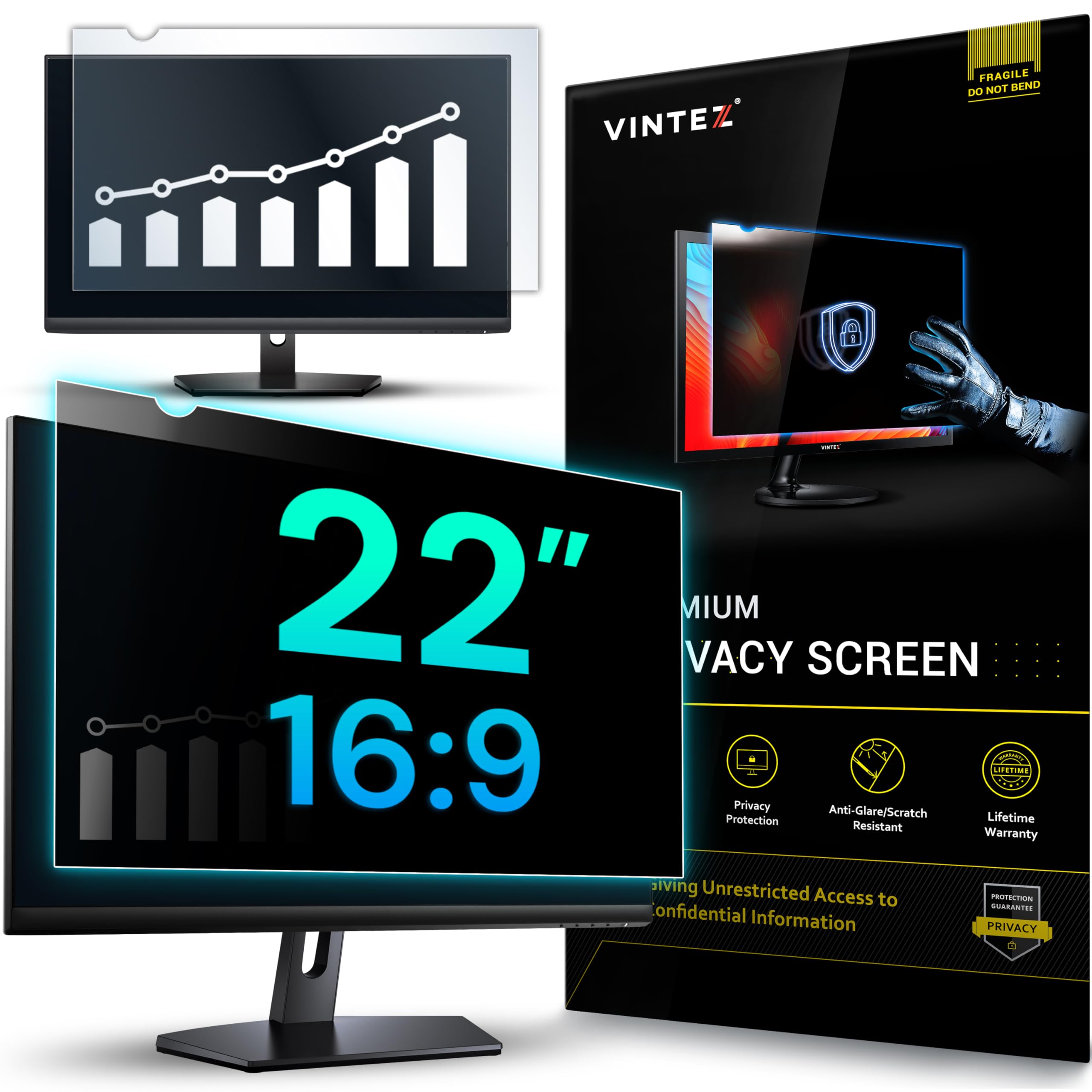 VINTEZ 22 Inch 16:9 Privacy Screen for Computer Monitor and Laptop - Anti Glare Protector Film Blue Light Filter Eye Protection - Computer Screen Privacy Shield, [1 Pack]