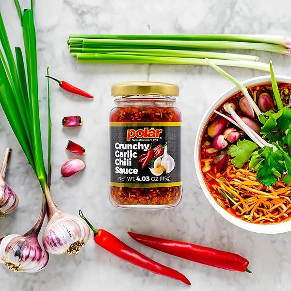 POLAR CRUNCHY GARLIC CHILI SAUCE 4.03OZ (PACK OF 1), EXTRA CRISPY CHILI OIL, SAVORY UMAMI TOPPING, GOOD ON EVERYTHING, GOURMET HOT SAUCE, SAVORY CONDIMENT, VEGAN FRIENDLY, GOURMET HOT SAUCE, NO MSG, CHILI CRISP