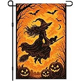 BlissYard Halloween Garden Flag Witch Flying With Black Cat 12x18 Inch Double Sided Spooky Outdoor Flag Pumpkin Bat Decor Fall Yard Sign Holiday Lawn Decoration For Porch Trick Or Treat Autumn Banner