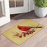 Door Mat Cardinal Bird Floor Door Mats,Red Berry Branch Washable Doormat for Front Porch Decor,Linen Welcome Mats Indoor Outd