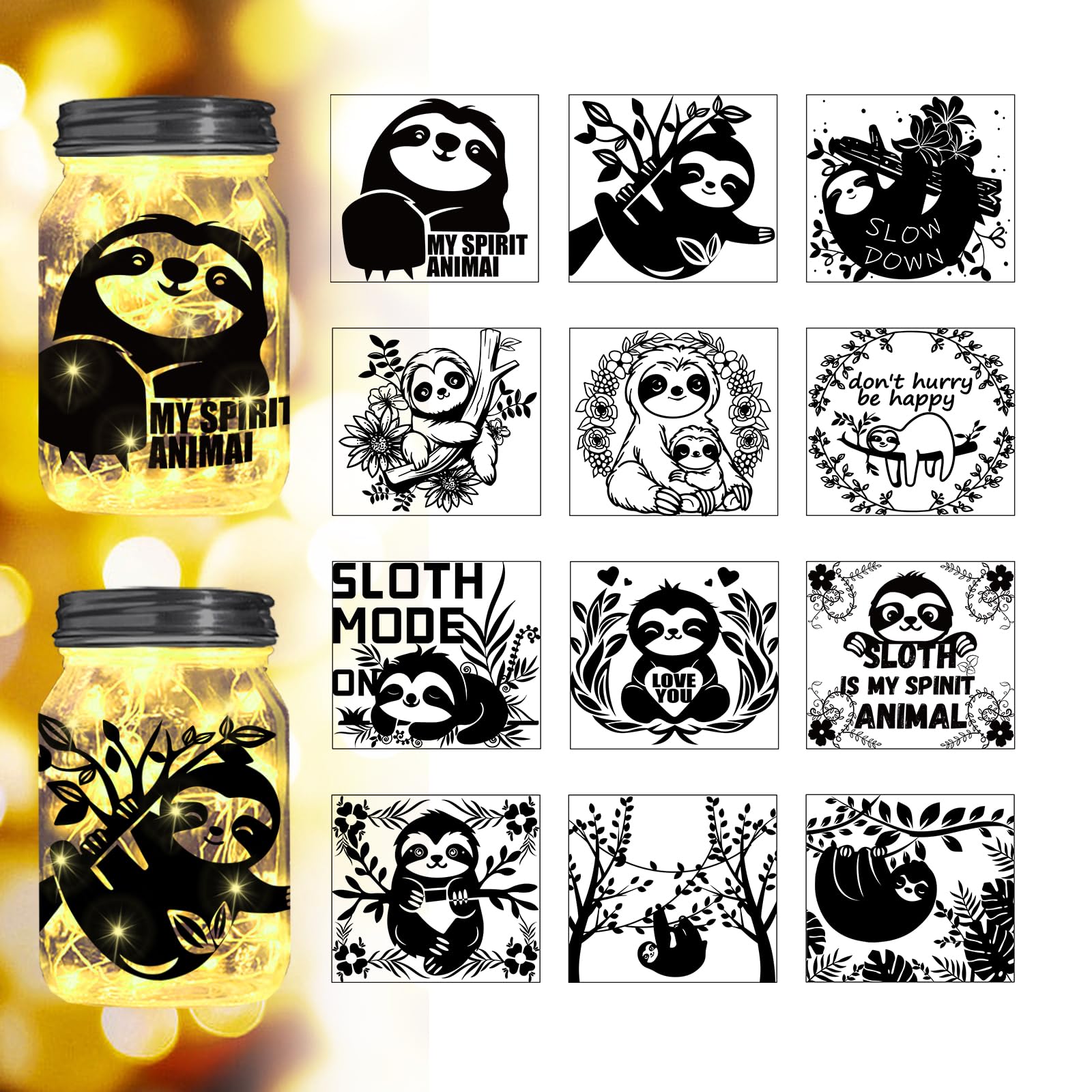Peacoblue Cute Sloth Silhouette Cutouts for Jars, Window, Glass, Wall, Wishing Bottle Decor(No Stickers), 12Pcs Reusable Silhouette for Lantern DIY Craft Kit Jar Decals Art Mural Party Garden Home