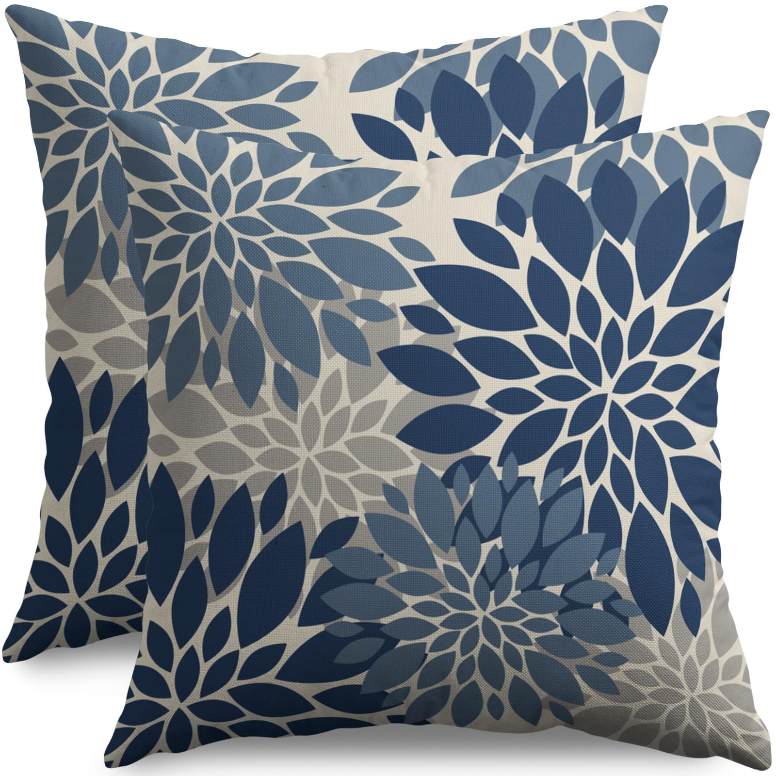 Photo 1 of Dark Blue Grey Gray Pillow Covers 18X18 Inch Set of 2, Dahlia Flower Spring Summer Floral Cream Decorative Throw Pillow Covers Outdoor Modern Farmhouse Cushion Case for Home Couch Sofa Bed Decor