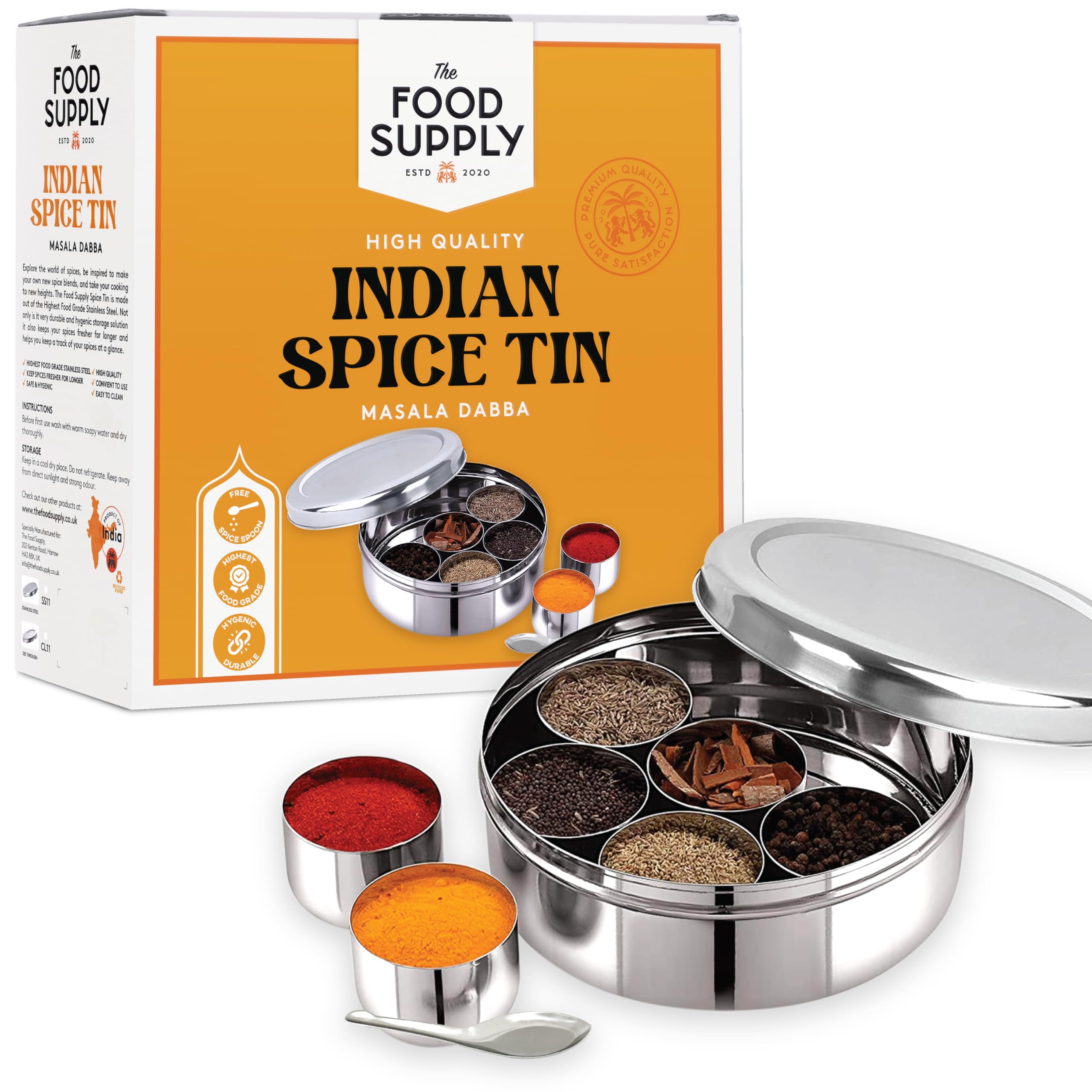 Pick N Save Spice Box Masala Dabba with 7 Compartments made out of Highest food grade stainless with FREE Serving spoon (Stainless Steel Lid, 20cm)