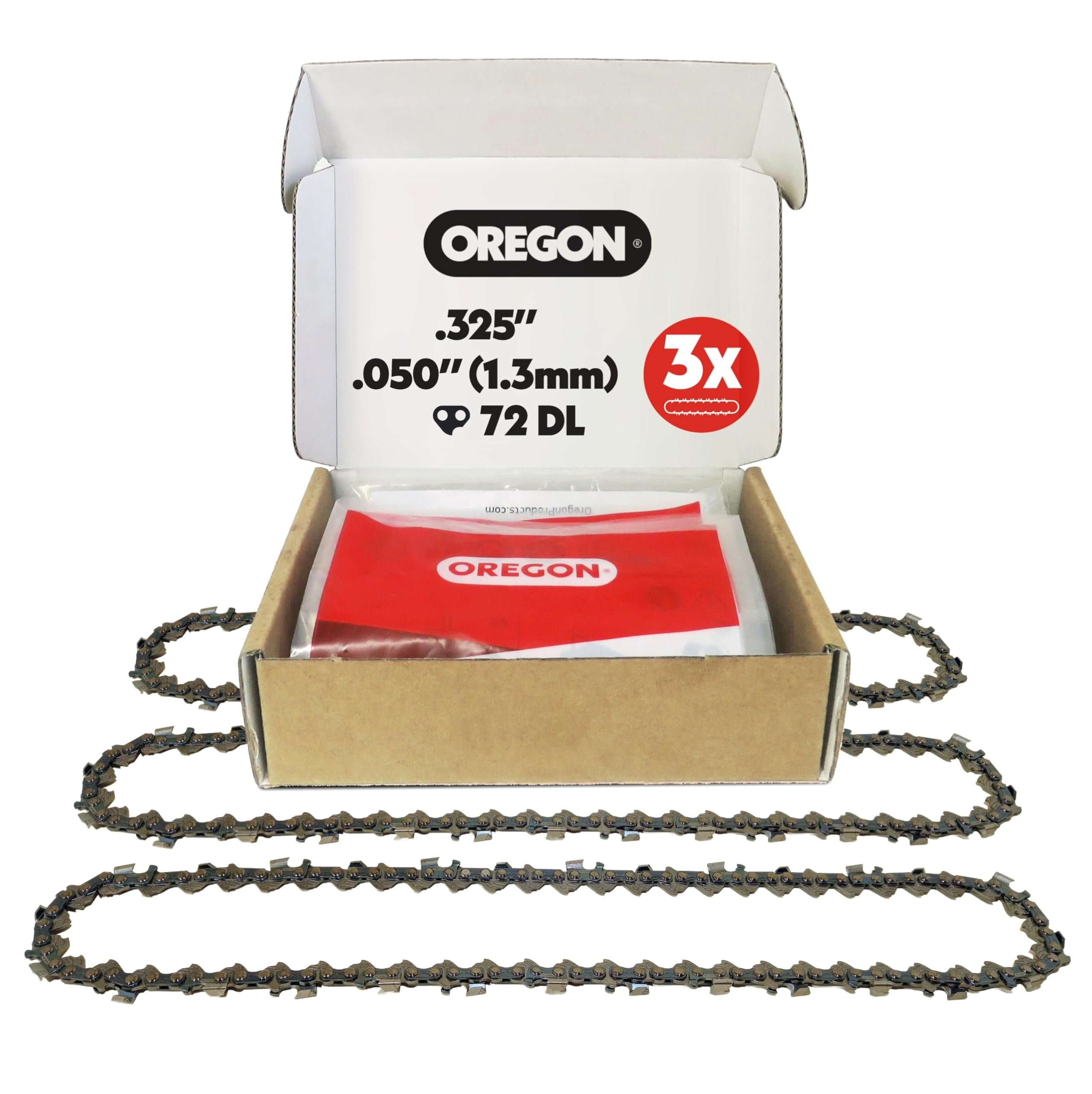 Oregon 3-Pack Chainsaw Chain .325" Pitch, .050" (1.3 mm) Gauge for 18" (45cm) Bar, 72 Drive Links – Narrow Kerf Replacement Saw Chain, Fits Husqvarna, Makita, Hitachi, McCuloch and more