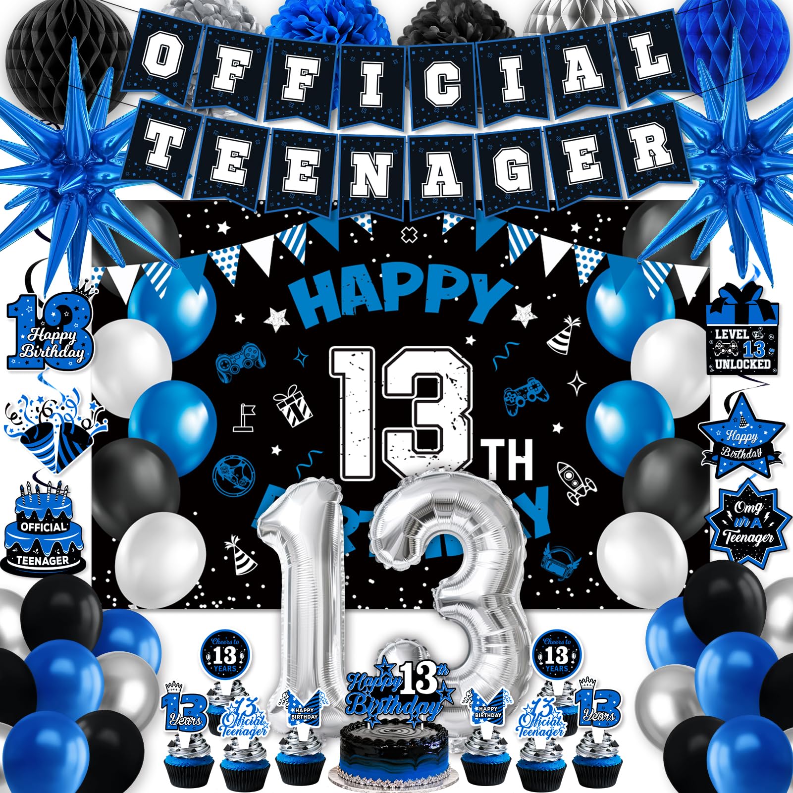 Photo 1 of 13th Birthday Decorations for Boys, 45Pcs Blue Black Official Teenager Decorations Include Happy 13th Birthday Backdrop Hanging Swirls 32inch 13 Foil Balloons Cake Toppers for Boy Birthdays Decor