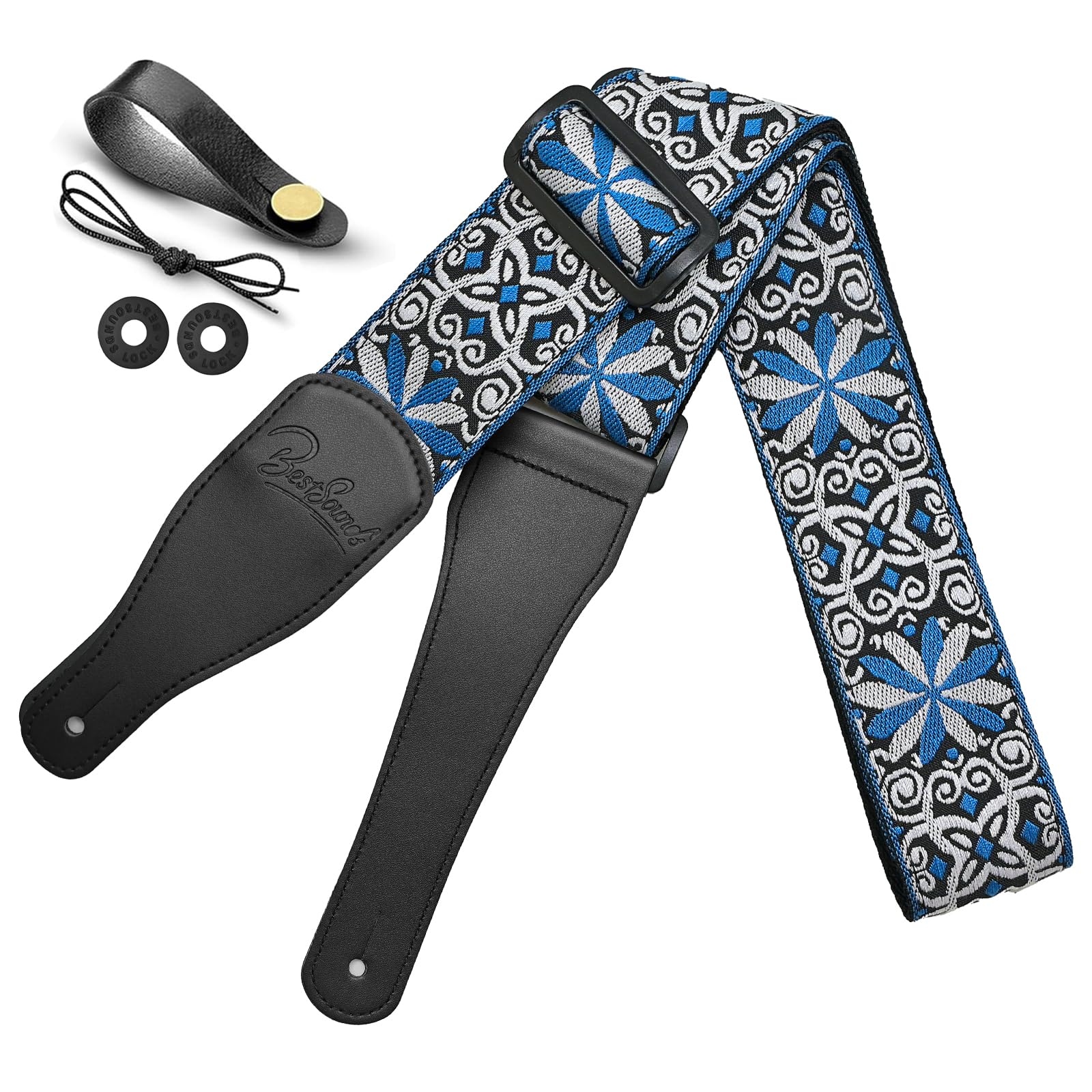 BestSounds Guitar Strap, Jacquard Embroidered Cotton Straps with Leather Ends Shoulder Strap for Bass, Acoustic, Electric Guitar (Jacquard Blue White)