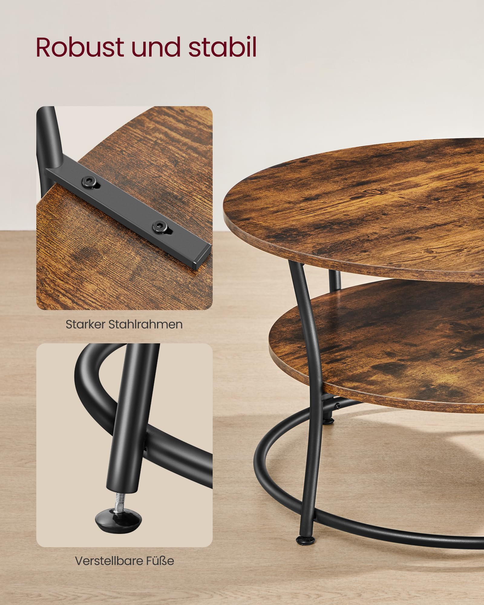 VASAGLE Couchtisch rund, Wohnzimmertisch, Sofatisch mit Ablage, einfacher Aufbau, Metall, Industrie-Design, vintagebraun-tintenschwarz LCT80BX 4