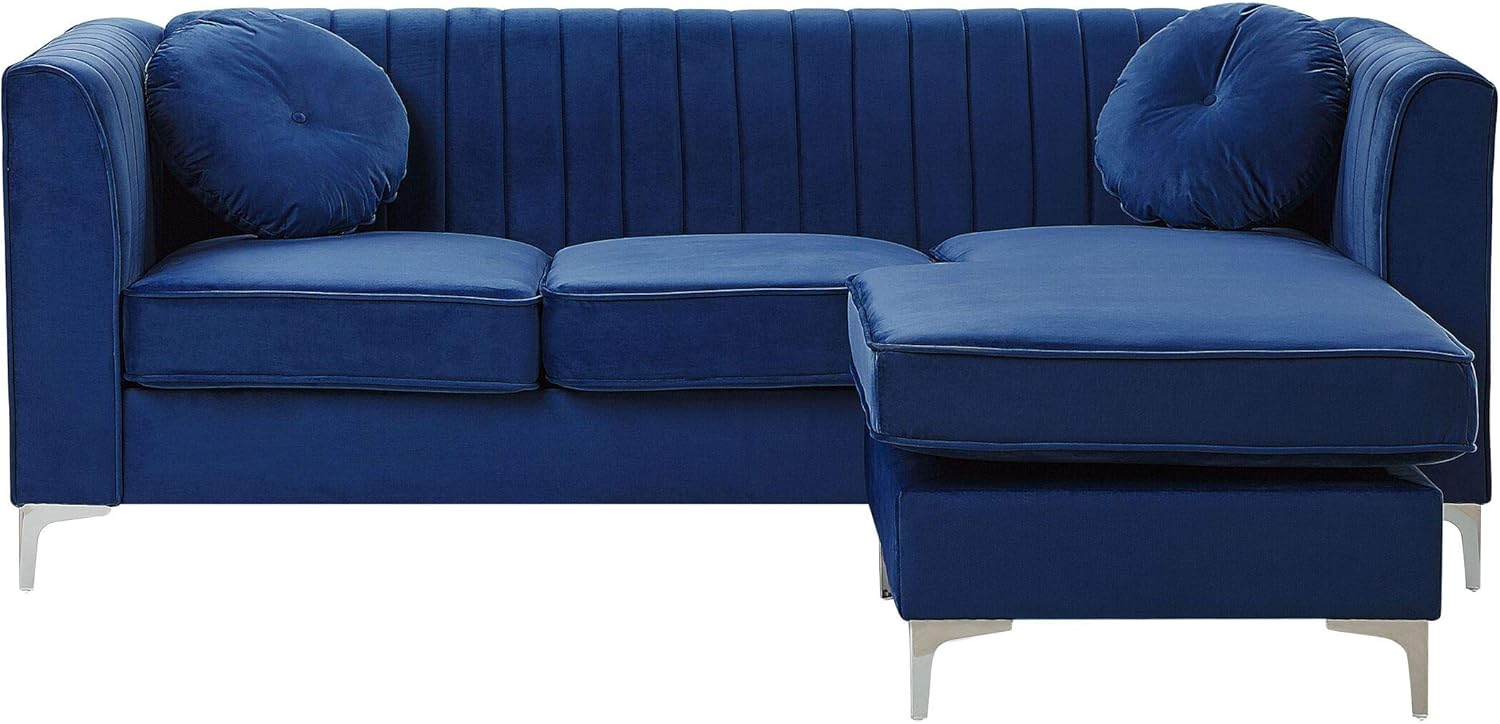 Left Hand Velvet Corner Sofa Blue Additional Pillows Glamour Timra