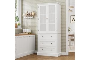 FACBOTALL 73" Tall Kitchen Pantry, Rattan Doors Pantry Cabinet with 3 Drawers and Adjustable Shelf, Large Wood Storage Cabinet, Rustic Wood Cupboard for Kitchen, Dining Room, Bathroom, White
