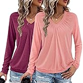 AIZHINENG 2 Pack Women Tops Long Sleeve Shirts V Neck Loose Fit Soft Casual Solid Color T-Shirts Fall Clothing