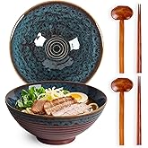 Tacuhy 40oz Japanese Ceramic Ramen Bowl Set of 2 with Chopsticks and Spoons for Pho Udon Asian Soup Noodles (Peacock Tail)