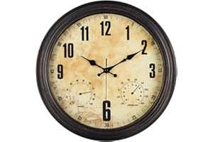 16 Inch Indoor Outdoor Clock with Temperature and Hygrometer Waterproof Large Wall Clock, Silent Battery Powered for Patio Po