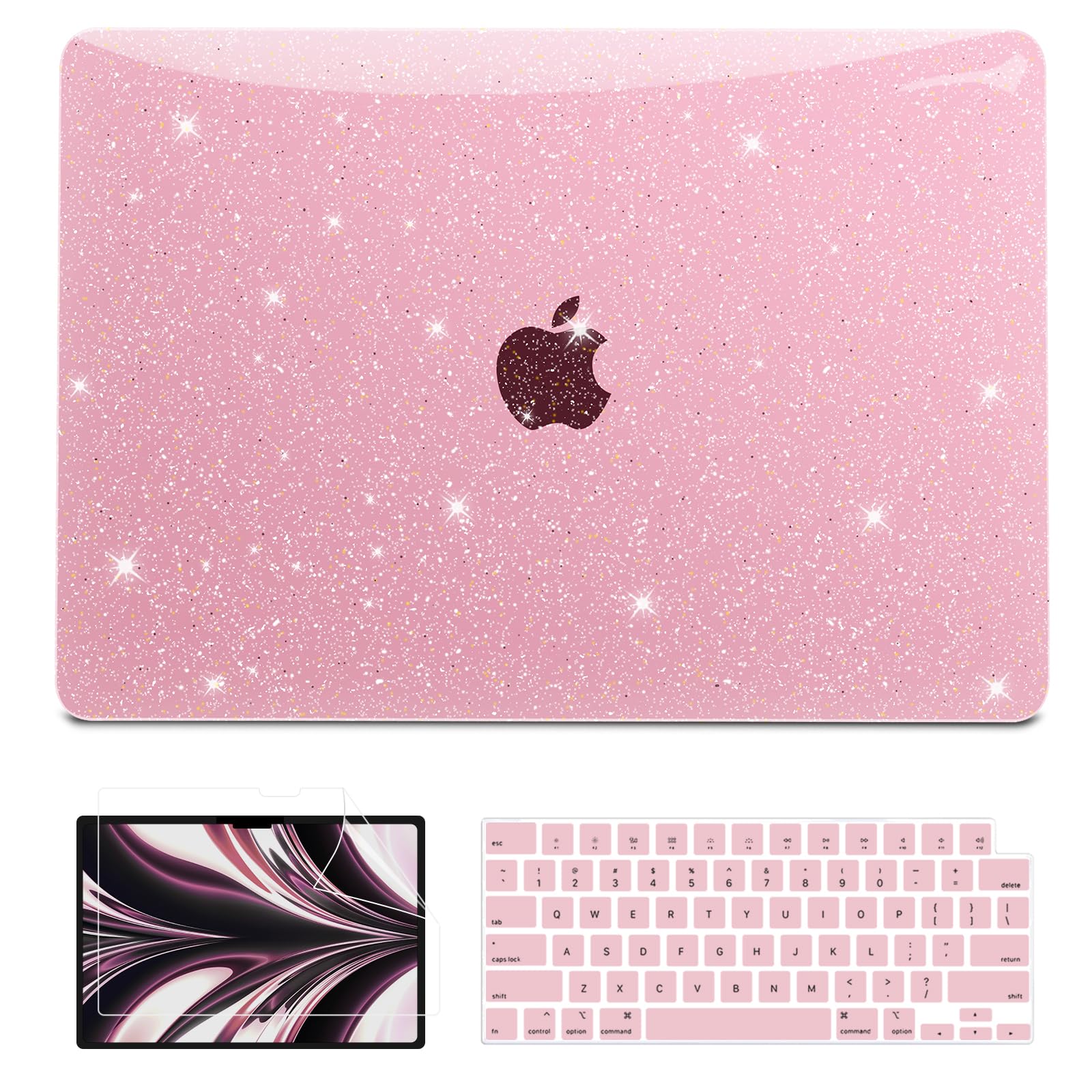 Photo 1 of QJUZO Glitter Clear Case Compatible with MacBook Air 13 inch 2025 2024-2022 M4 M3 M2 (Model A3240 A3113 A2681), Sturdy Hard Shell with Keyboard & Screen Cover for MacBook Air 13.6", Baby Pink