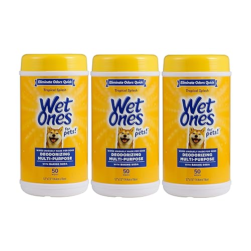 Wet Ones for Pets Deodorizing Multipurpose Dog Wipes with Baking Soda, Tropical Splash Scent - Desmellizing Wipes for Dogs in Canister, 50 Count - 3 Pack