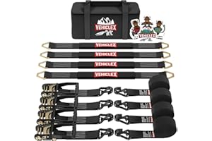 Car Tie Down Axle Straps, Double J-Hooks - Vehiclex 4 PCS Kit, Reinforced Straps, Heavy Duty Ratchet, 4 Hook-and-Loop Fasteners