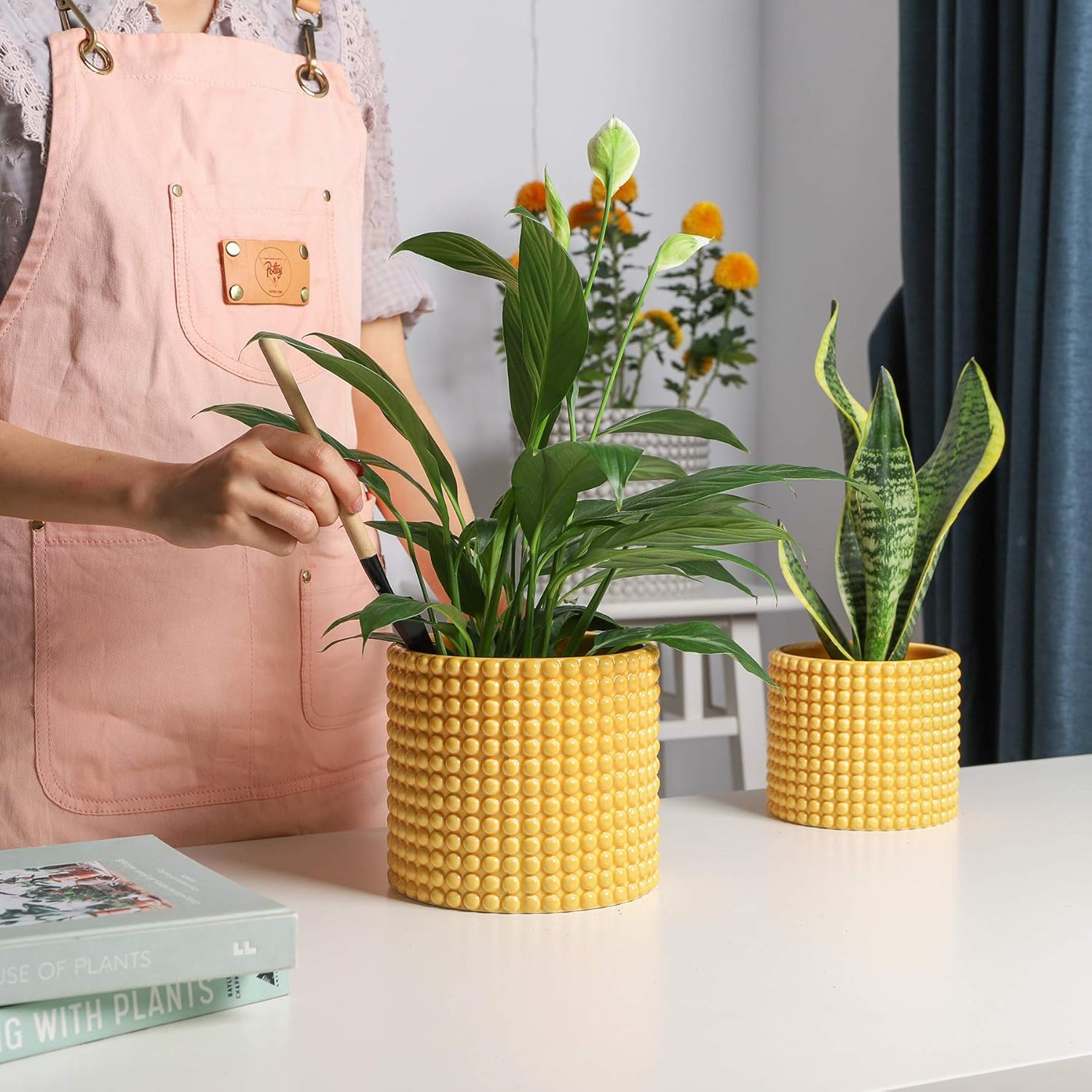 Yellow Planter Pots for Plants Indoor - 6.1 Inch Ceramic Vintage-Style Hobnail Textured Flower Pot with Drainage Hole for Modern Home Decor(POTEY 055103, Plants NOT Included) : Kitchen & Dining