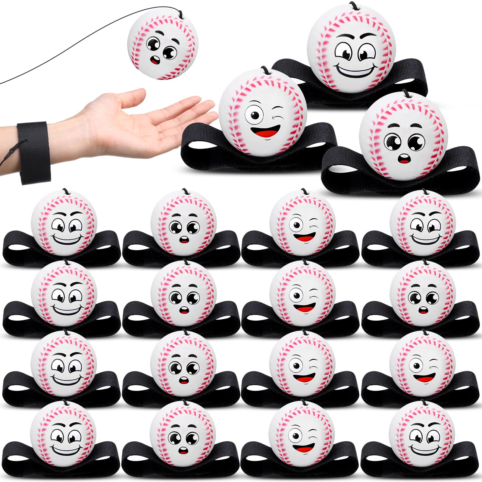 Photo 1 of Halloscume 18 Pcs Wrist Return Balls Baseball on a String Face Baseball Return Sport Balls with Elastic Strap Wrist Exercise for Adults for Fun Outdoor Activity Sports Team Gifts