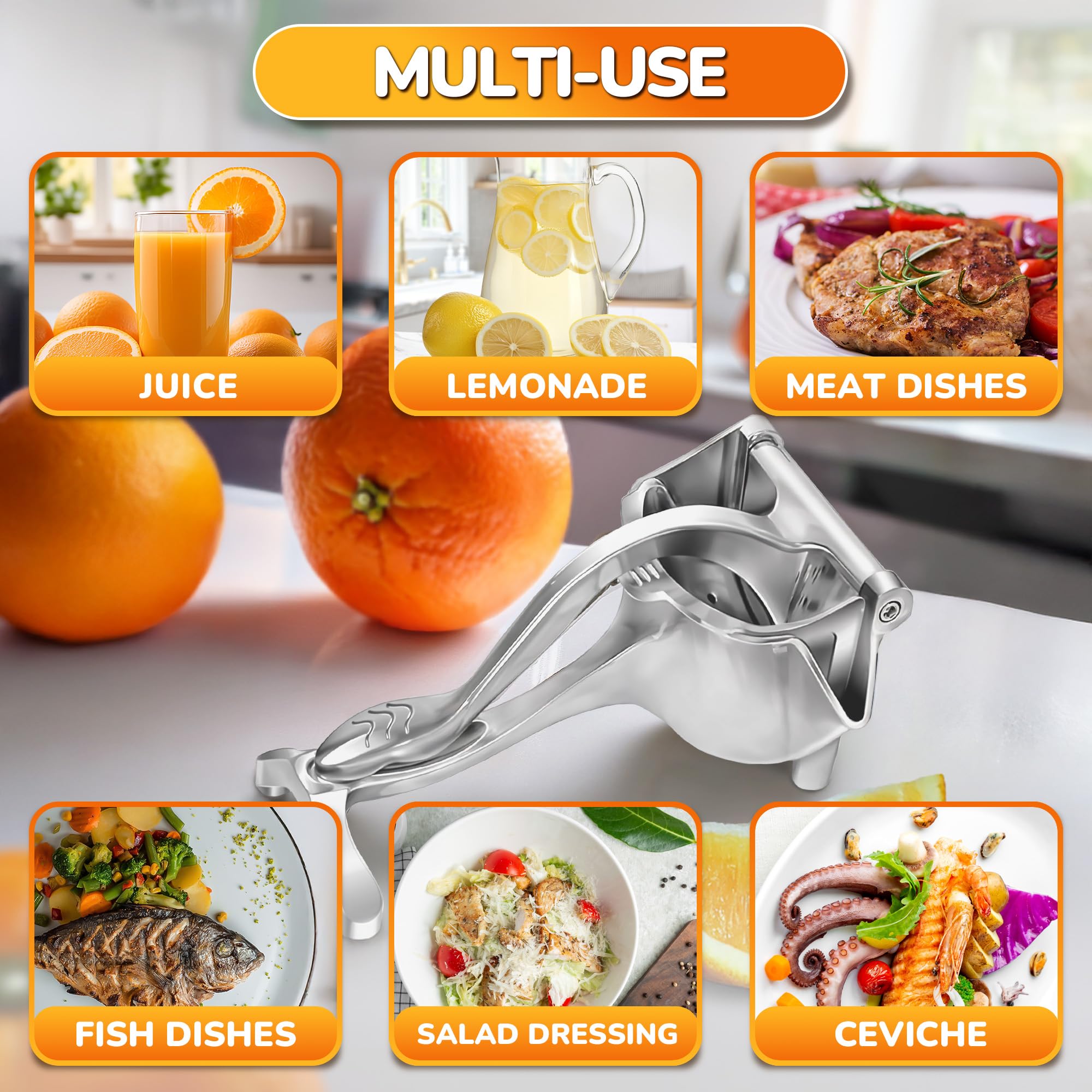 Hand Juicer Squeezer - Aluminum Lemon Squeezer for Effortless Juice Extraction - Manual Hand Press Juicer for Lemon, Orange, Lime, Grapefruit & Pomegranate, Durable Ergonomic Handle, Easy Clean Design