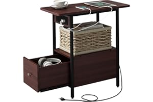 LIDYUK End Table with Charging Station, Narrow Side Table with Drawer and USB Ports & Power Outlets, Nightstand Bedside Tables for Small Spaces, Bedroom, Living Room, Dark Cherry
