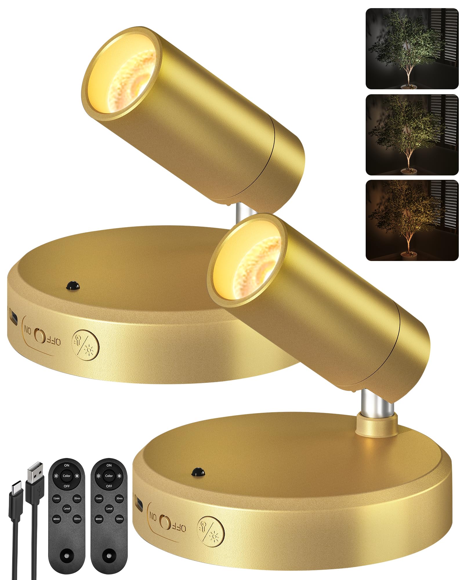 EZVALO LED Spotlight Indoor, 5500mAh Rechargeable Battery Uplighting Indoor, Wireless Mini Art Accent Spot Lights with Remote, for Plants Display Painting Dartboard Artwork Portrait Closet(2Pack-Gold) Image