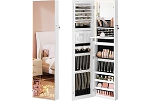 SONGMICS 55 Inches Tall Spacious Jewelry Cabinet, Jewelry Armoire with Light-Up Interior Mirror, Wall or Door Mounted Jewelry Storage Organizer, Lockable, Christmas Gift Idea, Cloud White UJJC032W01