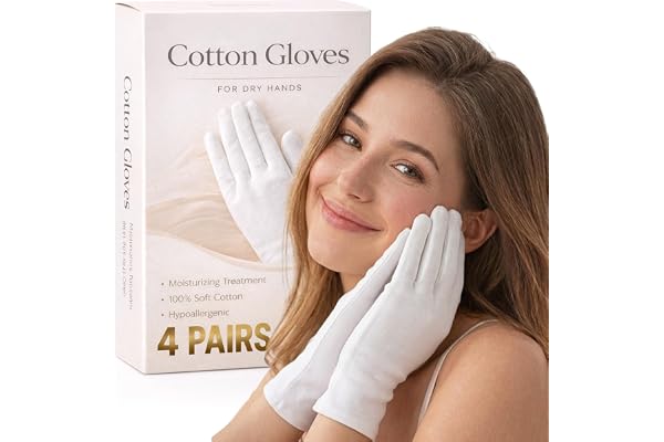 4 Pairs Cotton Gloves for Dry Hands Sleeping – White Gloves Women Moisturizing Gloves Overnight, 100% Cotton Gloves Eczema, S