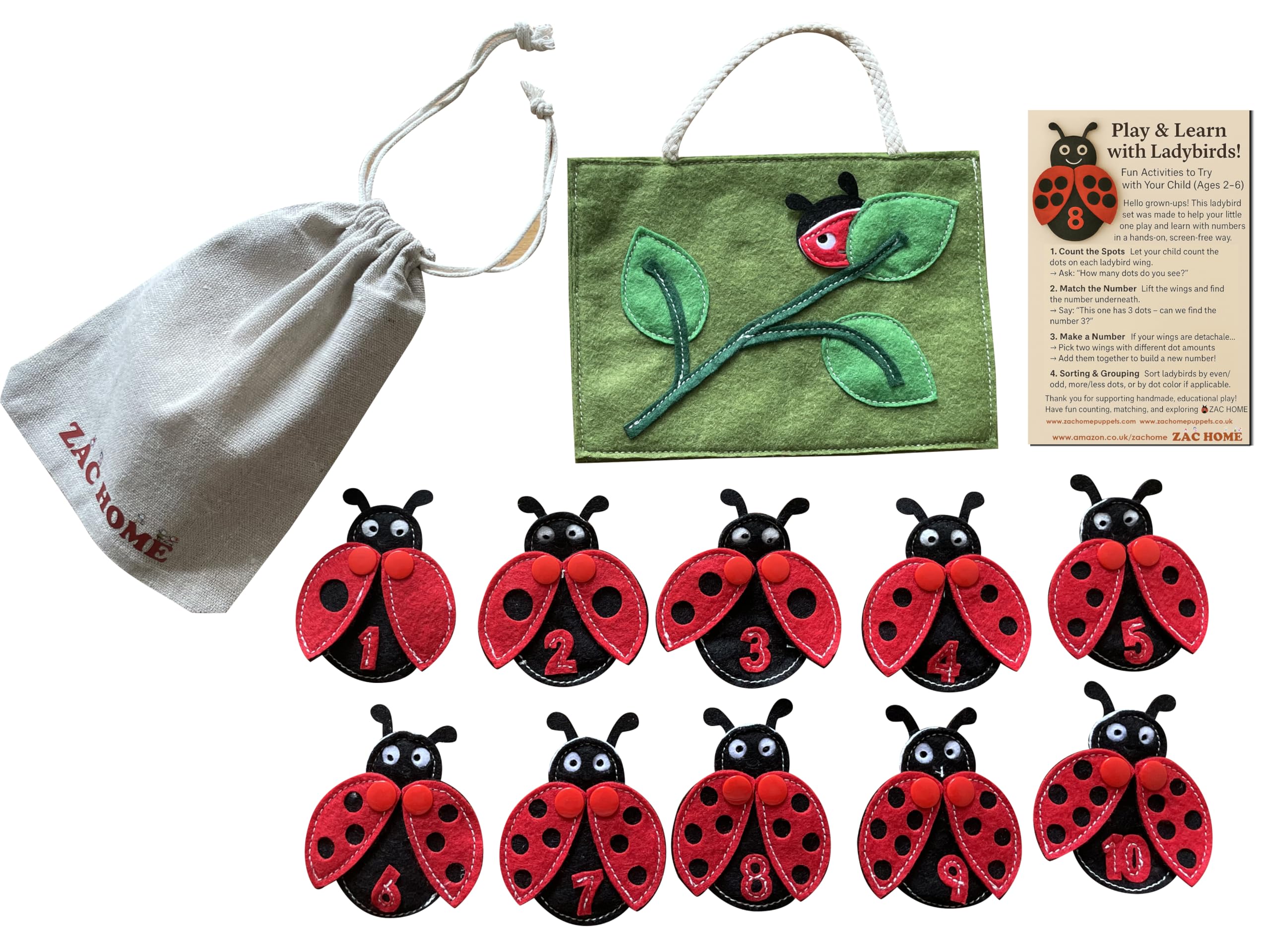 ZAC HOME Ladybird Finger Puppet Set – 10 Numbered Ladybirds with Detachable Wings for Counting – Felt Puppets with Leaf Storage Bag for Kids Learning & Storytelling