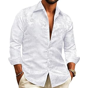 Barry.Wang Mens Casual Long Sleeve Shirt Silk Button Up Paisley Dress Shirt | Designer Western Mexico Cowboy Woven Floral Jac