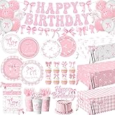 Pink Bow Birthday Decorations Serve 24, Coquette Birthday Decorations Tableware Sets Include Plates Napkins Cups Banner Balloons Tablecloth Cake Topper for Girls Party Supplies