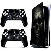 Skin Sticker for Game Console 5 Cover - Black Skull, Compatible with Both Disc Edition & Digital Edition (not Slim Ver) - 2 Controller Skins & Console Skin - No Bubble, Full Protection, Removable