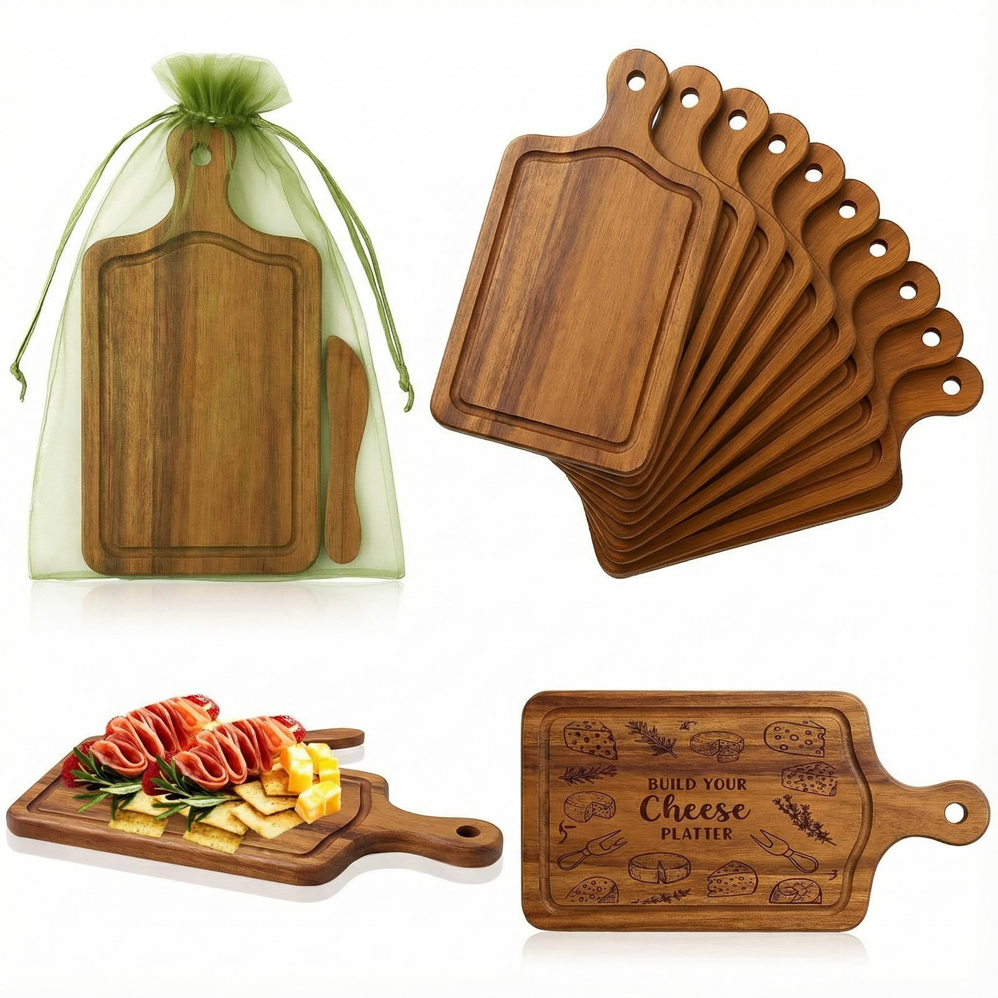 Photo 1 of ***MINI CUTTING BOARDS*** Nuenen 10 Pcs Mini Wooden Cutting Board Bulk with Handle, Small Wood Charcuterie for Crafts Laser Engraving with Knives Organza Bags Wedding Party Favors Housewarming Gift (Acacia Color)