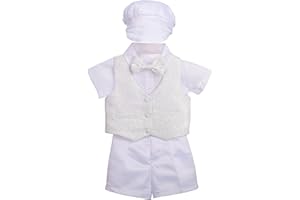 Dressy Daisy Infant Baby Boys' Christening Clothing Baptism Outfit 5 Pieces Suit Set with Bonnet, Short Sleeves, Ivory White