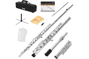 Mendini By Cecilio Flute, 16 Keys C Flute Instrument Closed Hole For Beginners with Carrying Case, Cork Grease, Stand, Lesson Book, Cleaning Kit, Gloves (Nickel)