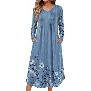 Ekouaer Women's Long Sleeve Nightgown Long Sleepshirt Pleated Sleep Dress | V Neck Night Gown with Pockets, A-line Loose Nigh