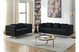 KINFFICT 2 Piece Living Room Sofa Set, Comfy Boucle Couch with Loveseat and 3 Seater, Upholstered Sofa Couch with 2 Pillows and Deep Seat Design for Office, Waiting Room, Black Teddy
