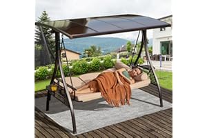 Yalissey 3-Seat Patio Porch Swing with Adjustable Hardtop,3 in 1 Convertible Outdoor Porch Swing for Adults,Patio Swing with Thicken Cushion,Pillows & Cup Holders for Porch,Backyard,Garden (Khaki)