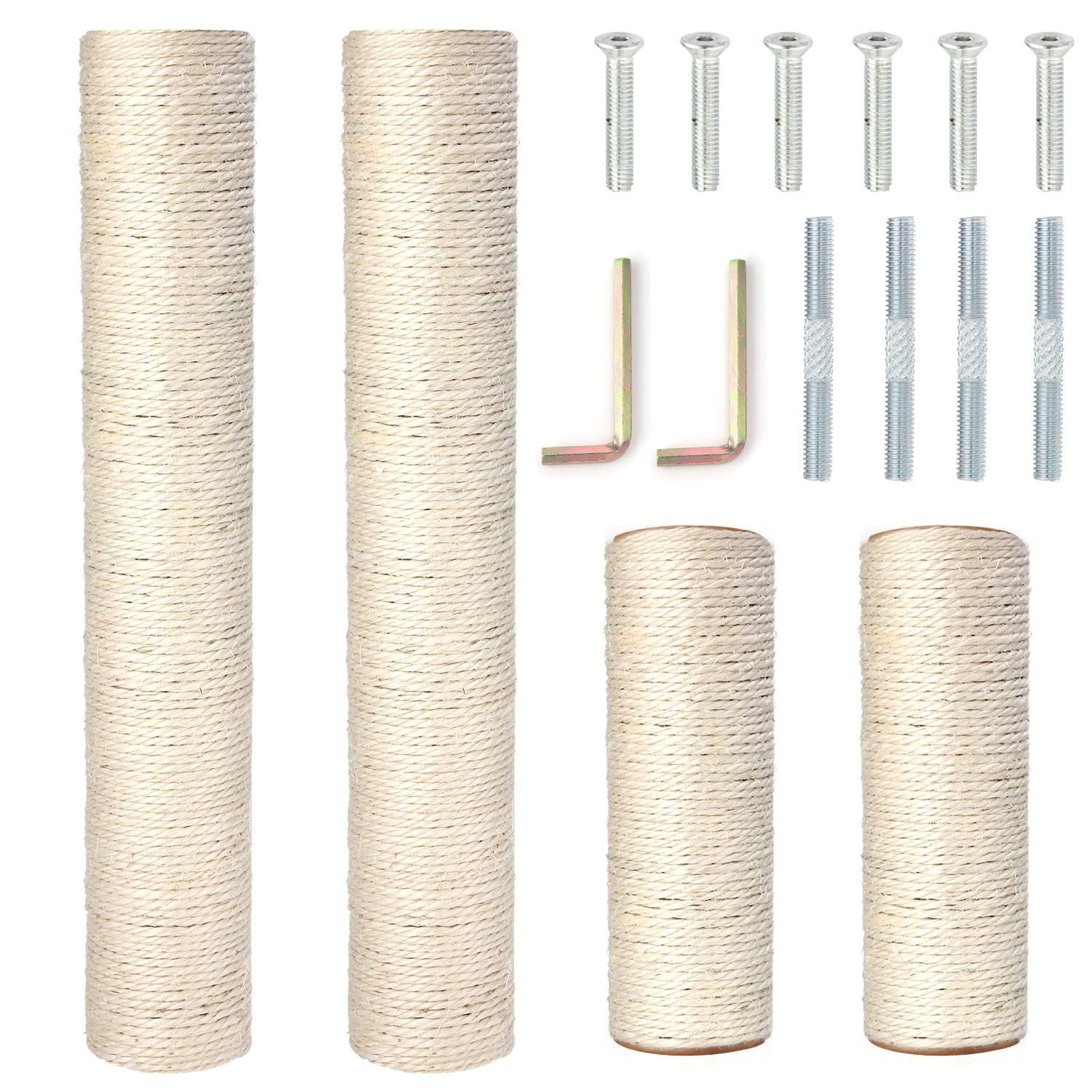 Pinkgarden Natural Sisal Replacement Cat Scratching Post, 4 Pieces M8 Cat Scratch Post Refill Pole Parts for Refurbishment, White, Include Screws (40+40+20+20CM)