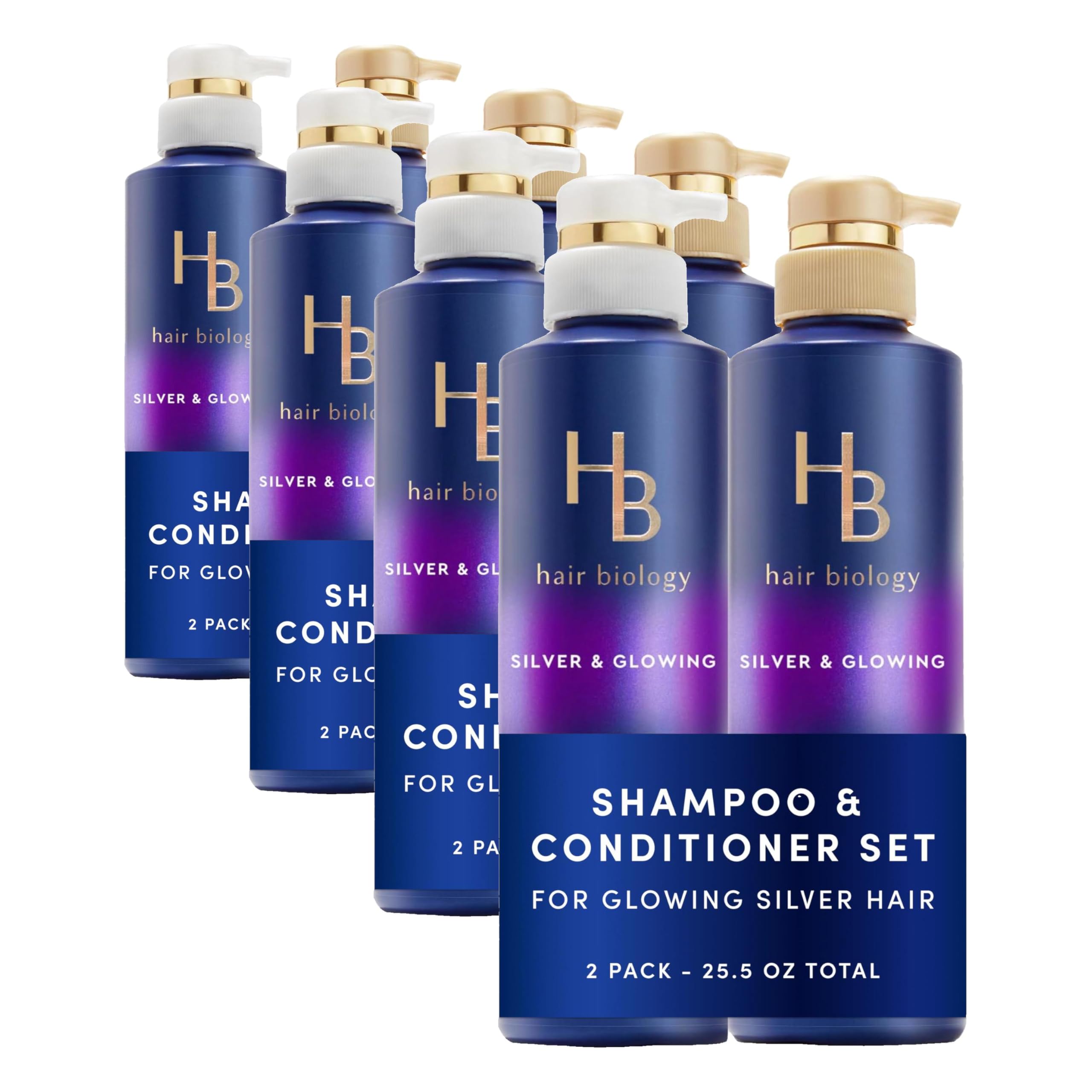 Hair Biology Biotin-Infused Purple Shampoo and Conditioner Set for Grey Hair, Anti-Brassiness, Moisturizing, Color-Safe, Silver & Glowing, Corrects Yellow Tones, 12.8 Fl Oz Each, 2 count (Pack of 4) Image