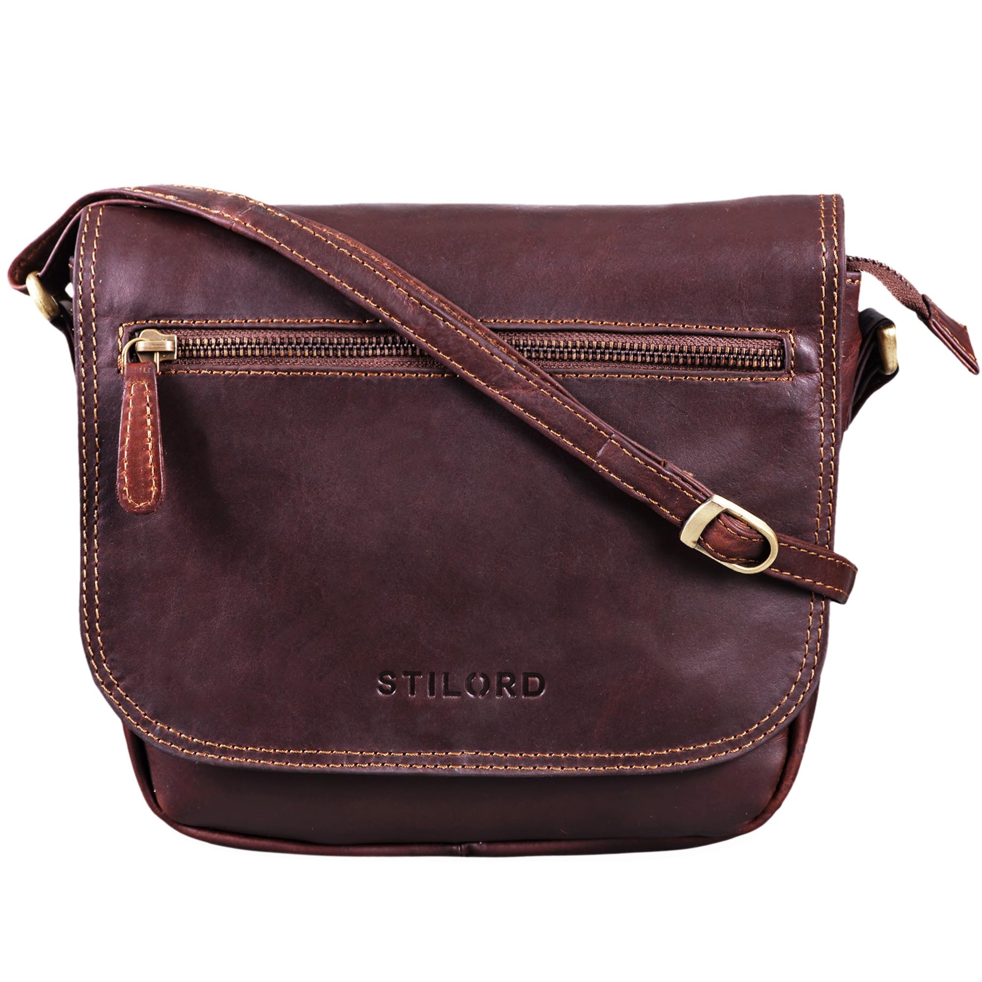 STILORD 'Elsa' Handbag leather small women satchel shoulder bag vintage crossbody for evening and party in genuine leather, Colour:cognac dark brown, size: