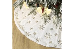 Masnest 36 Inch Faux Fur Christmas Tree Skirt,White Plush Golden Sequin Snowflake Xmas Christmas Tree Skirt (Golden, 36 inch)