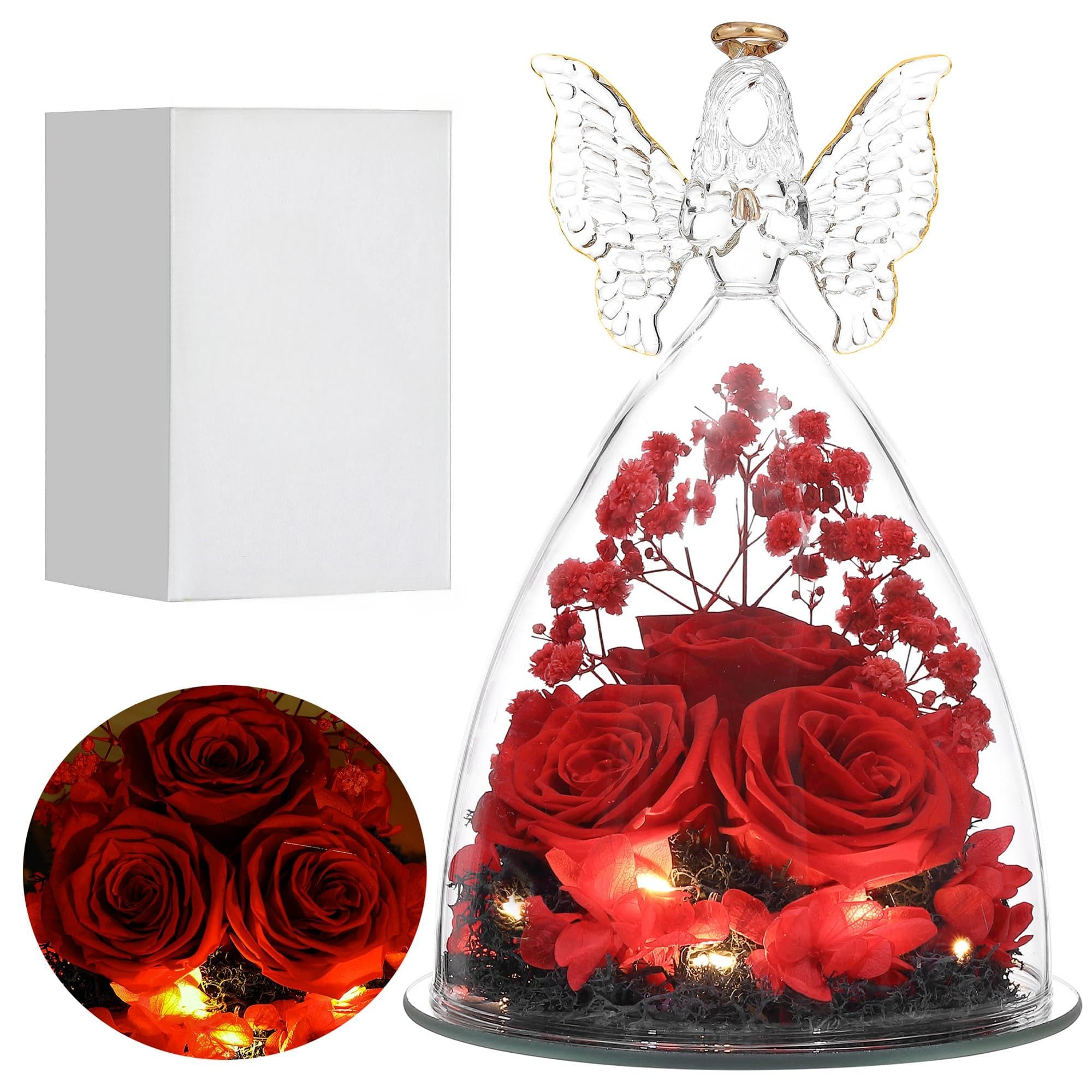 Rose Eternelle Cadeau Femme,Ange Figurine En Verre Avec Fleur Eternelle Cadeau,Ange Gardien,Cadeau Anniversaire Femme,Saint Valentin FêTe Des MèRes Anniversaire, Cadeaux D'Anniversaire Pour Femme (A)