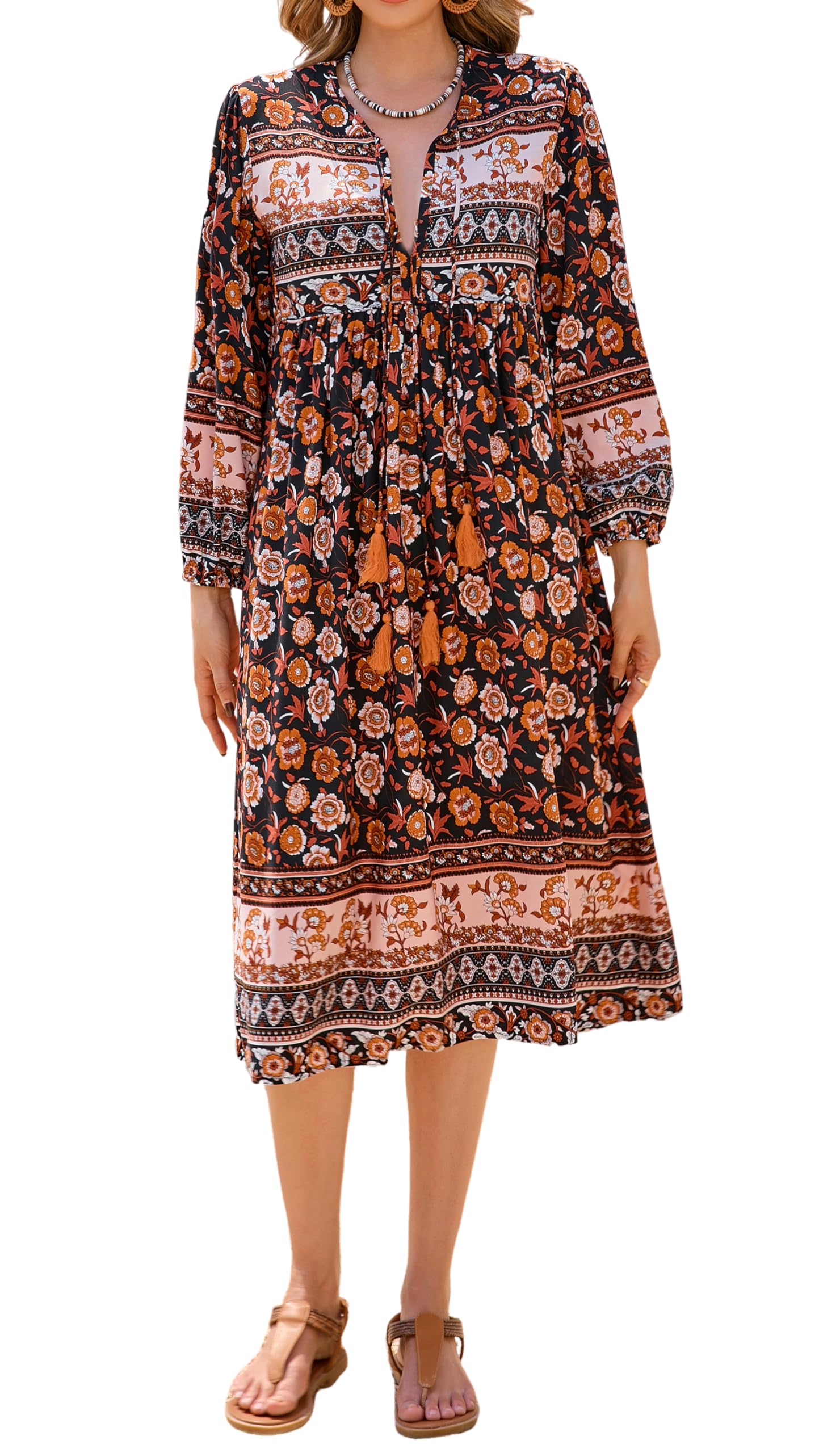 R.Vivimos Women's Casual Bohemian Print Neck Tie Long Sleeve Beach Style Long Midi Dress Vacation Dress(Medium,Multi-Black)