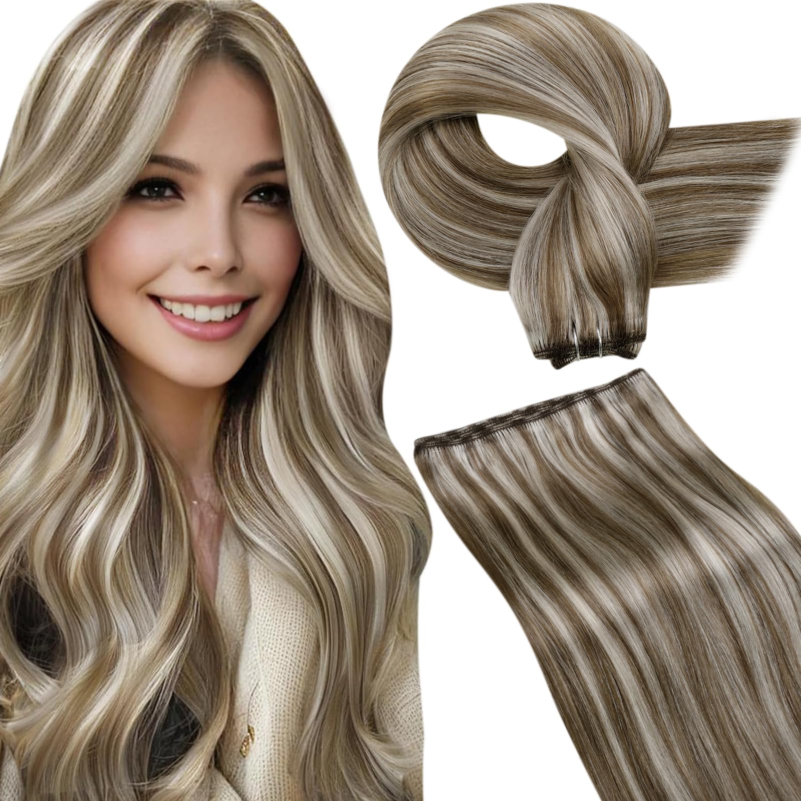 LaaVoo Weft Hair Extensions Real Human Hair 24 Inch 100g Brown Sew in Hair Extensions Full Head Straight Highlight Light Blonde Remy Invisible Double Weft Weave #p8/60 — image 1