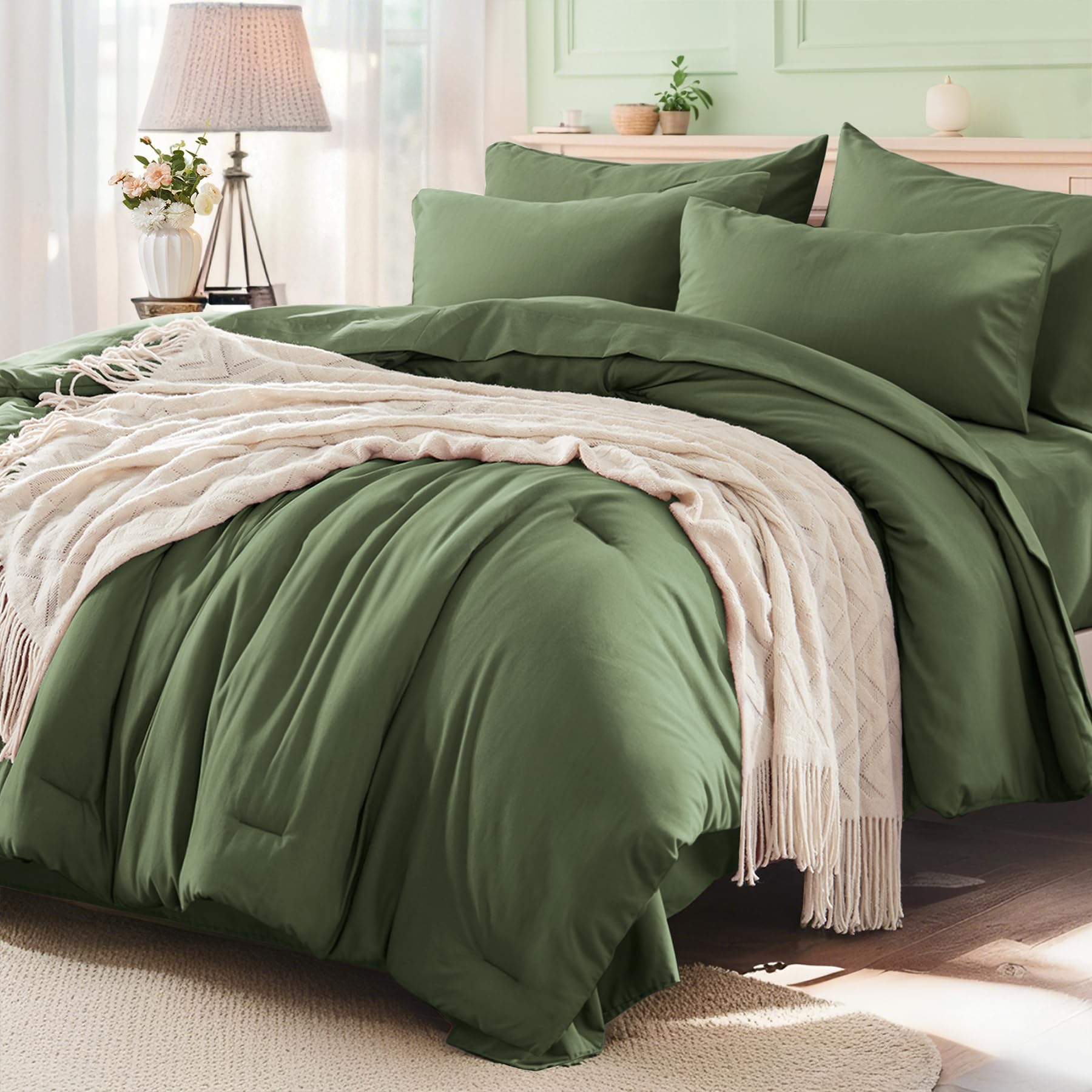 Photo 1 of Anluoer Twin Comforter Set 5 Pieces, Olive Green Bed in a Bag with Sheets, All Season Bedding Sets with 1 Comforter, 1 Pillow Sham, 1 Pillowcase, 1 Flat Sheet, 1 Fitted Sheet