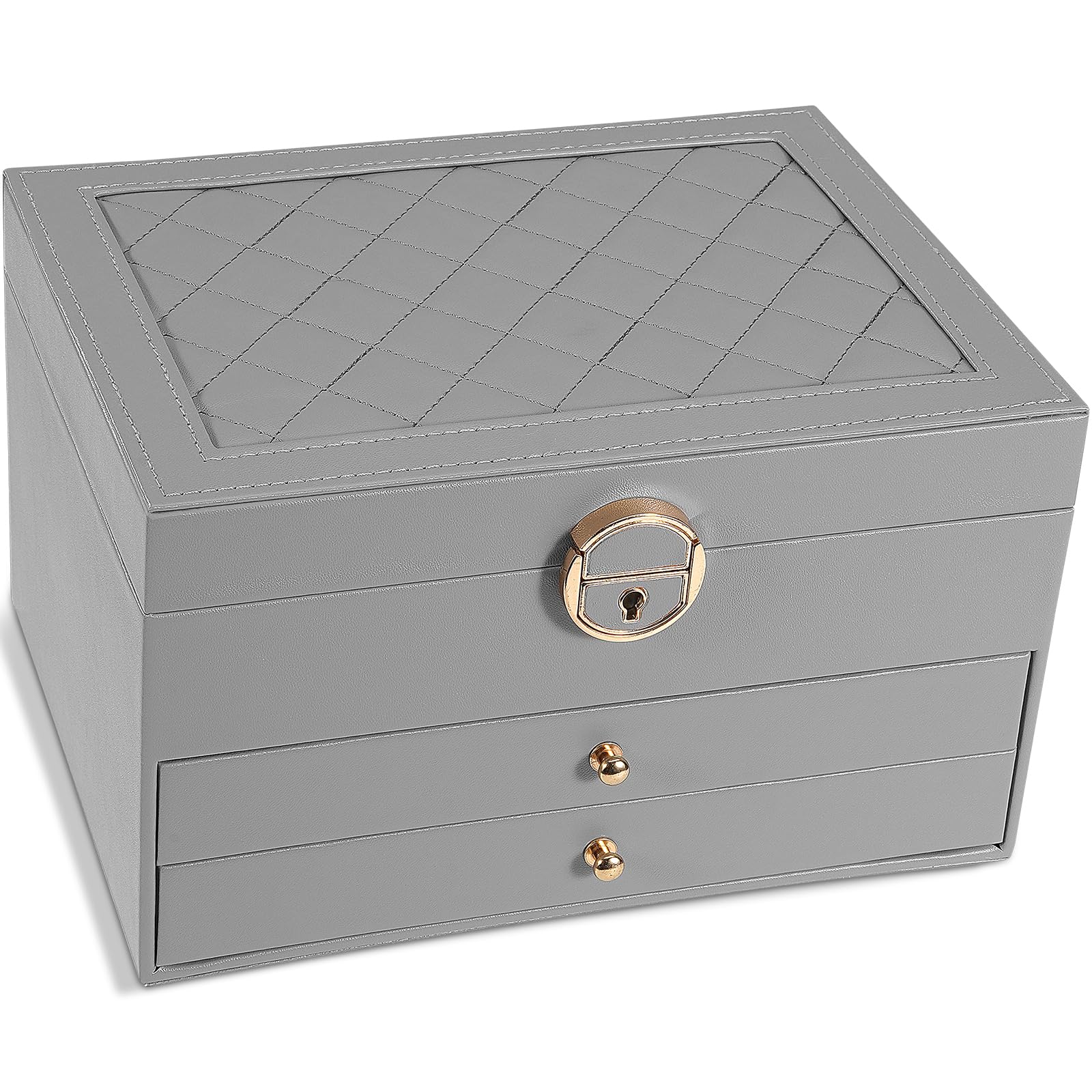 Photo 1 of GUOER Jewelry Box for Women Girl Wife 3 Layers Large PU Leather Jewelry Organizer Storage Case with Two drawers Display for Earrings Bracelets Rings Watches (Grey)