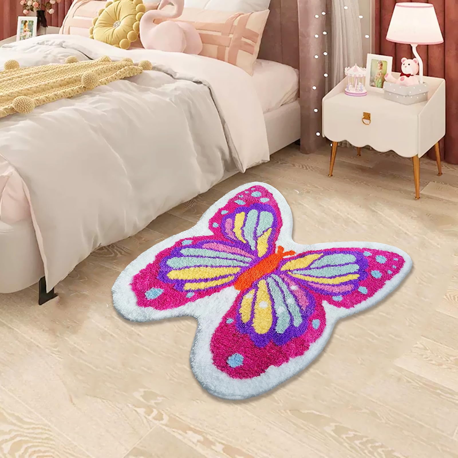 Photo 1 of UKELER Butterfly Kids Rugs Nursery Rug, Non Slip Washable Kids Bath Mat Cute Absorbent Toilet Mat Soft Shaggy Living Room Bedroom Area Rugs for Girls, Children 35''×32''
